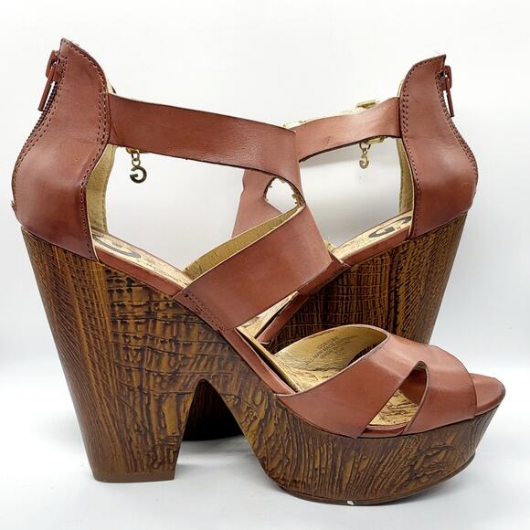 G by GUESS Sylbie Light Brown Strappy Peep Toe Wedge Platform Sandals Size 8.5M - Picture 5 of 13